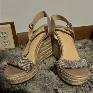 Elegant Beige Wedge Sandals with Rhinestone Accents